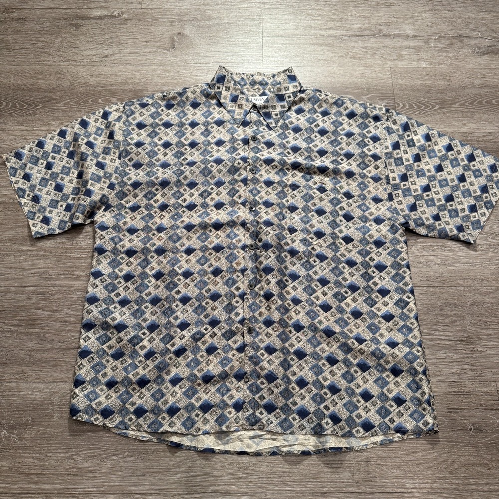 Summa Shirt Mens XL Blue Geometric 100% Silk Vacation Resort Tribal Button Up